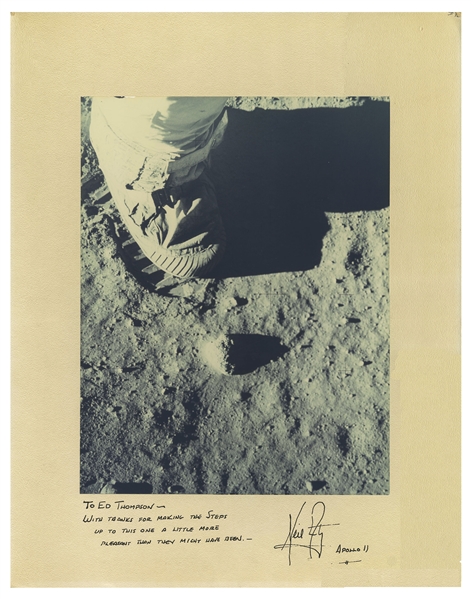 Neil Armstrong Signed Photo Mat of the First Footsteps on the Moon -- Display Measures 16'' x 20''